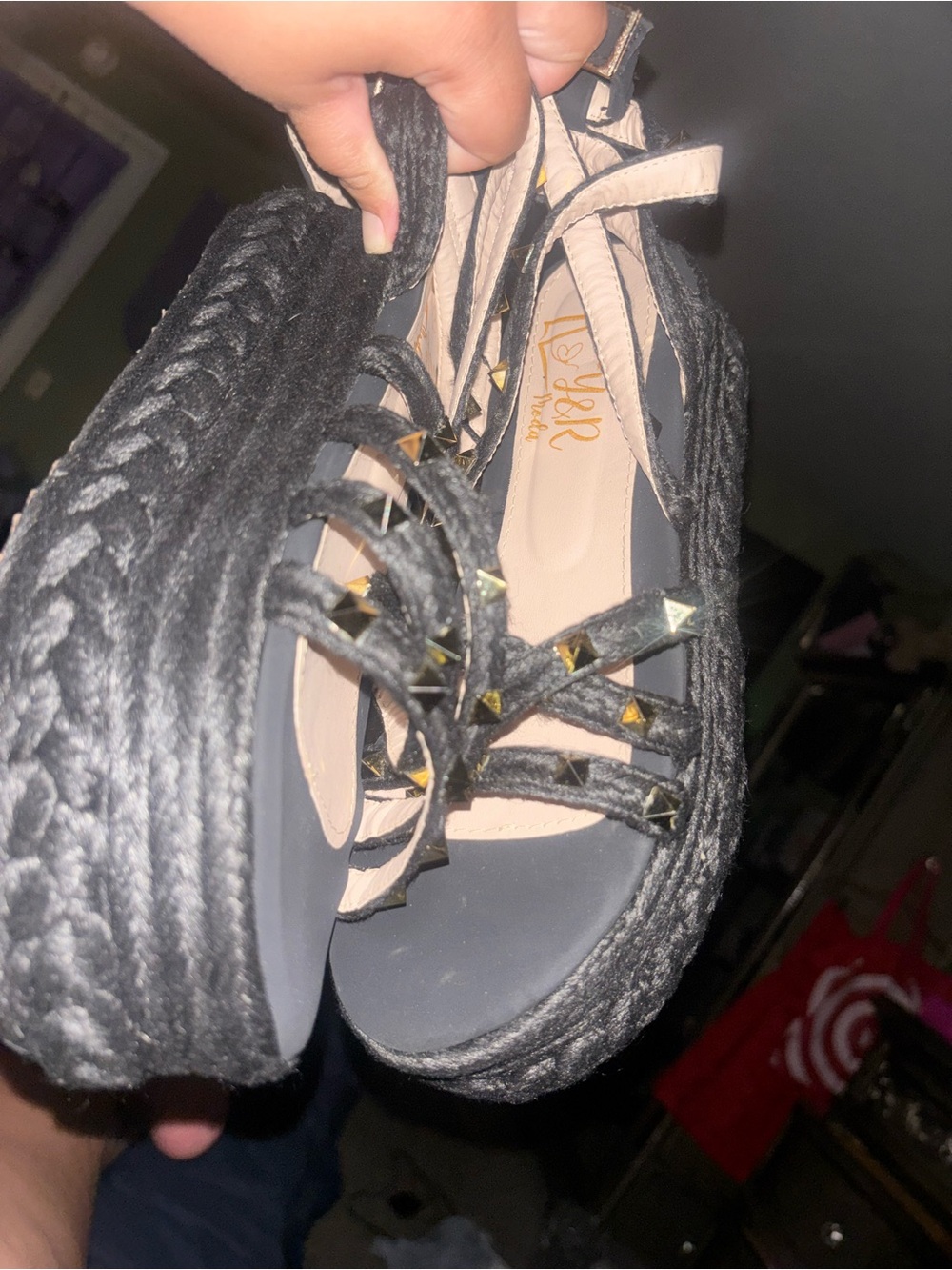 Platforms  Black Espadrille Wedge Sandals with Gold Studs
